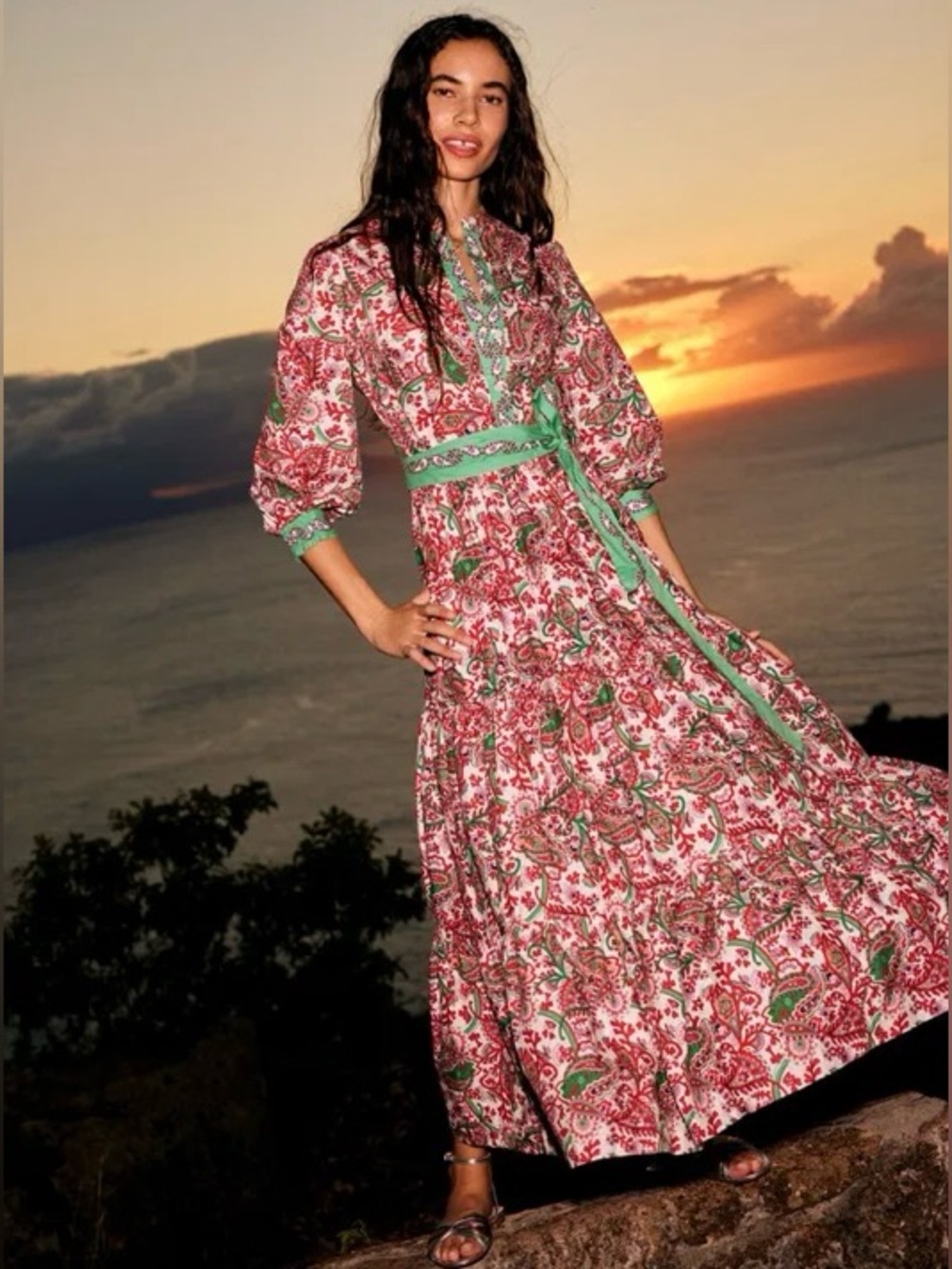 BODEN NWOT Paisley Print Maxi Dress with Green Trim and Tie Waist